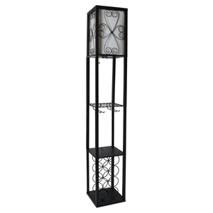 Simple Designs Floor Lamp with Shelf and Wine Rack - Black