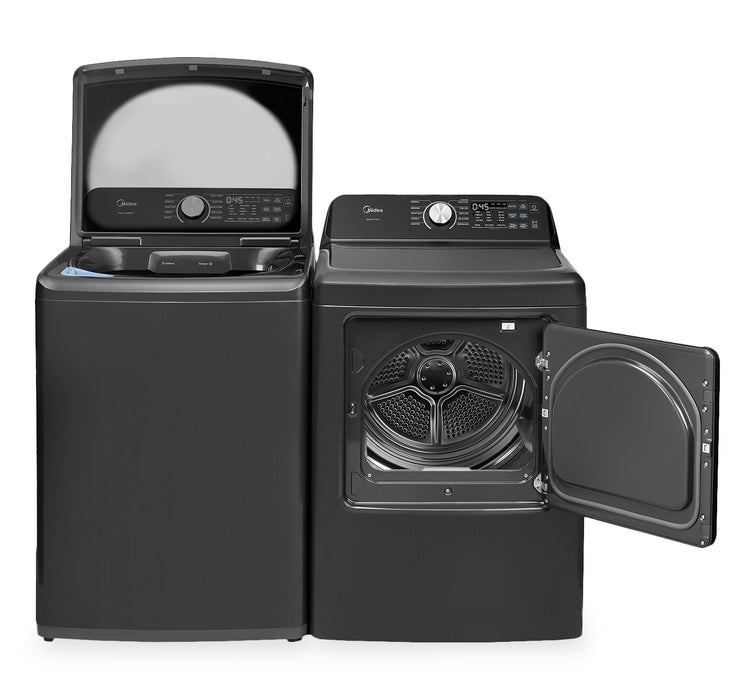 Midea 5.2 Cu. Ft. Top Load Agitator Washer and 7.0 Cu. Ft. Smart Tumble Dryer – Black 