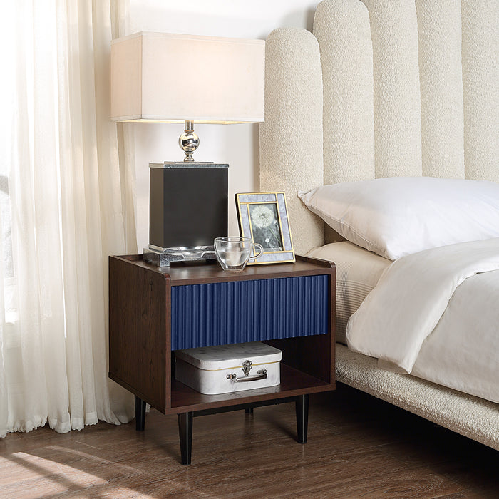 Manhattan Comfort Duane Modern Ribbed Nightstand with Full Extension Drawer - Dark Brown & Navy Blue