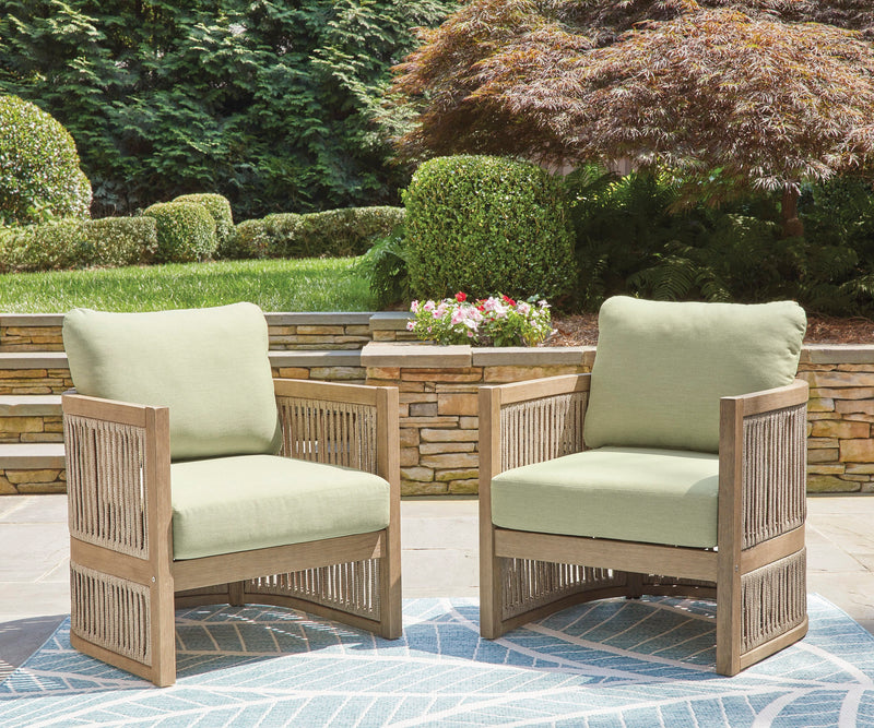Oasis Outdoor Patio Chairs - Set of 2, Eucalyptus Wood, Nuvella Fabric, Weather Resistant - Natural/Green