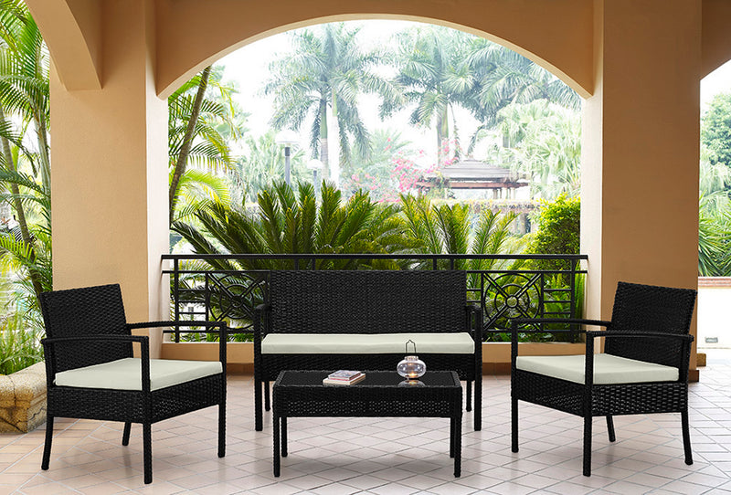 Manhattan Comfort Noli Steel Rattan 4-Piece Patio Conversation Set with Cushions - Cream
