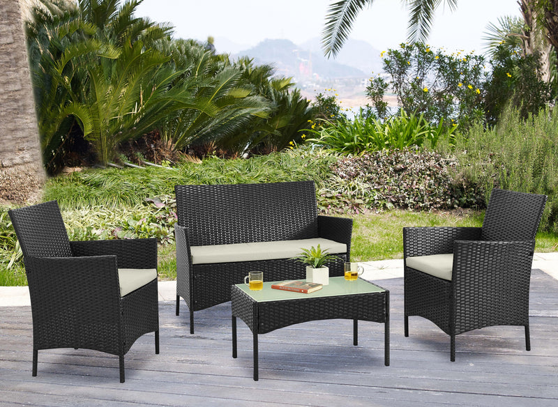 Manhattan Comfort Imperia Steel Rattan 4-Piece Patio Conversation Set - Cream