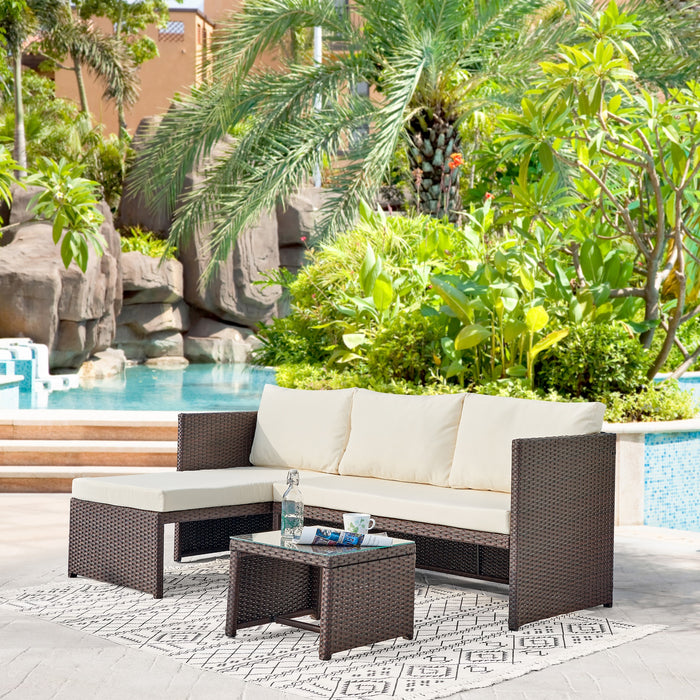 Manhattan Comfort Menton Steel Rattan 2-Piece Chair Lounge & 2-Seater with Coffee Table Patio Set - Cream