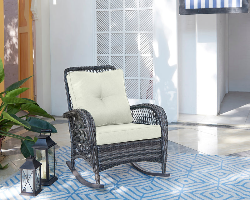 Manhattan Comfort Furttuo Steel Rattan Patio Outdoor Rocking Chair - Cream
