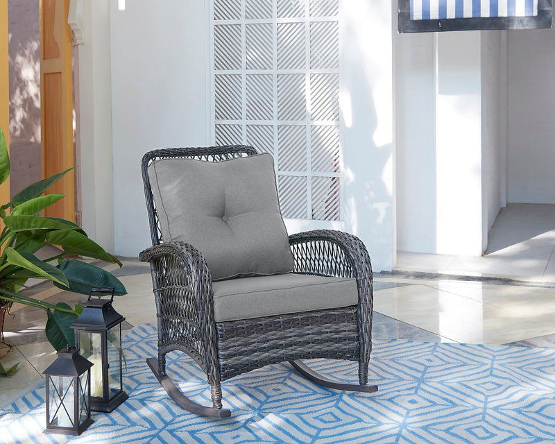 Manhattan Comfort Furttuo Steel Rattan Patio Outdoor Rocking Chair with Cushions - Grey