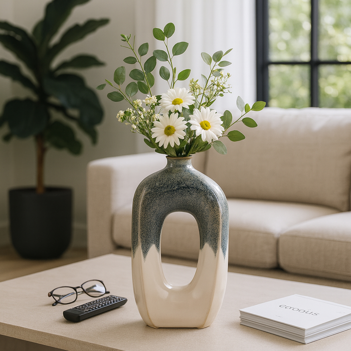 16” Ceramic Open Cut Out Vase – Ivory and Blue 