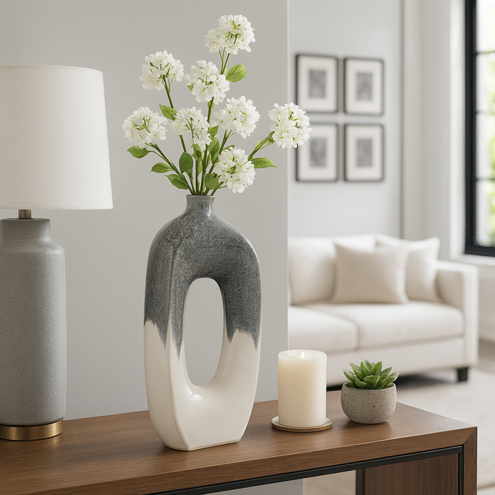 16” Ceramic Open Cut Out Vase – Ivory and Blue 
