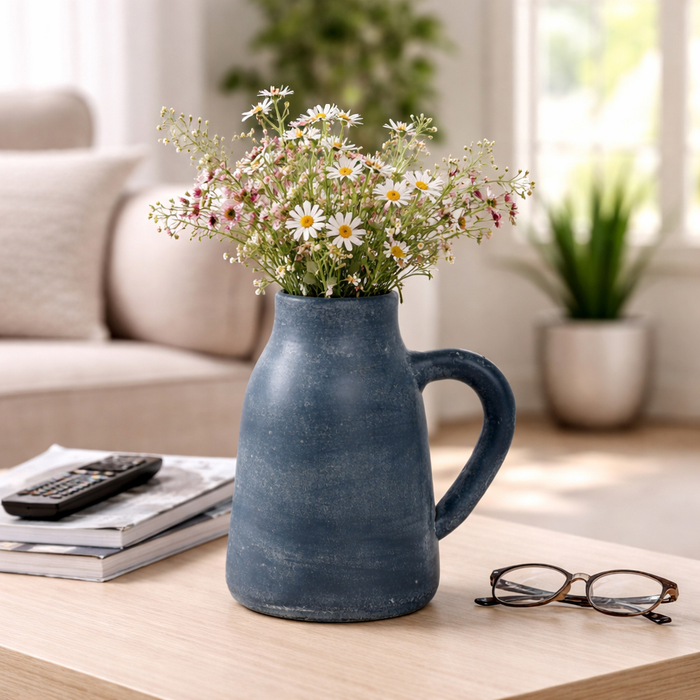 8.75” Terracotta Vase with Handle – Blue 