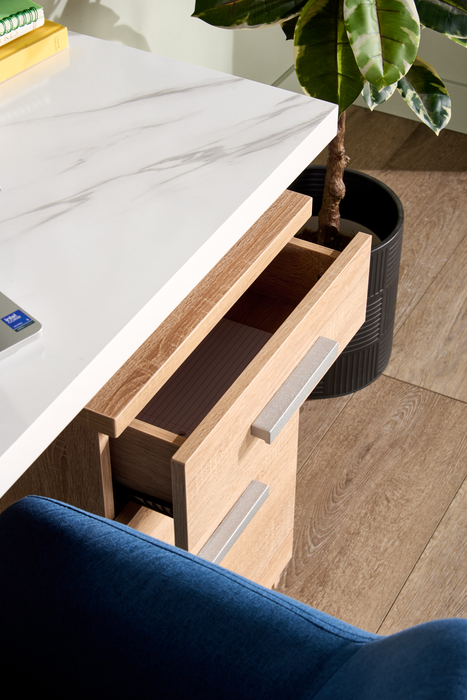 Oscar 47\" Reversible Office Desk with Storage – Faux White Marble and Weathered White