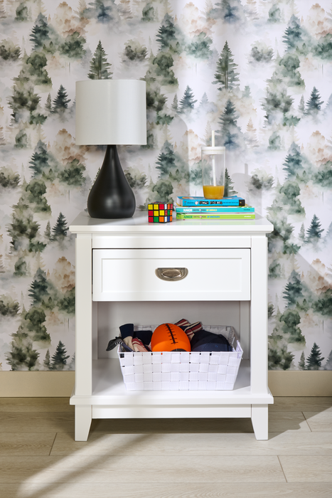 Quinn Bedside 1-Drawer Nightstand with Shelf, 24\"W x 26\"H - White