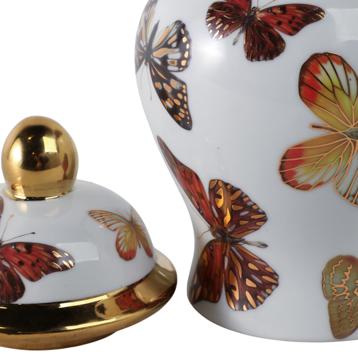 8.25” Ceramic Butterflies Temple Jar – White 