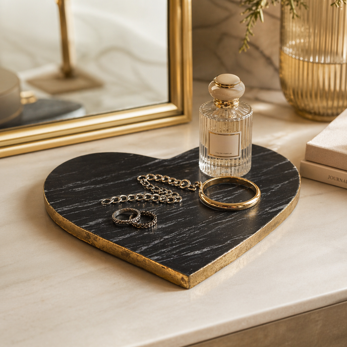 Marble Heart Tray with Gold Edges – Black