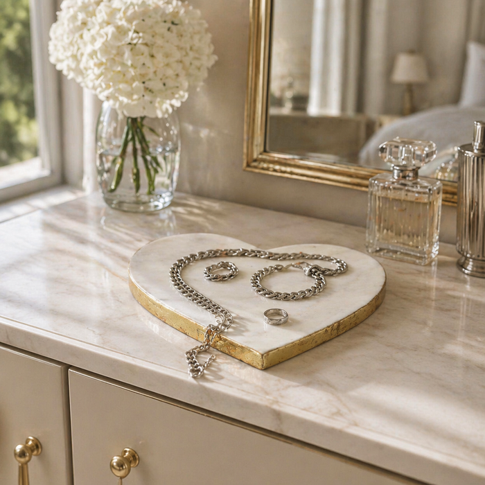 Marble Heart Tray with Gold Edges – White