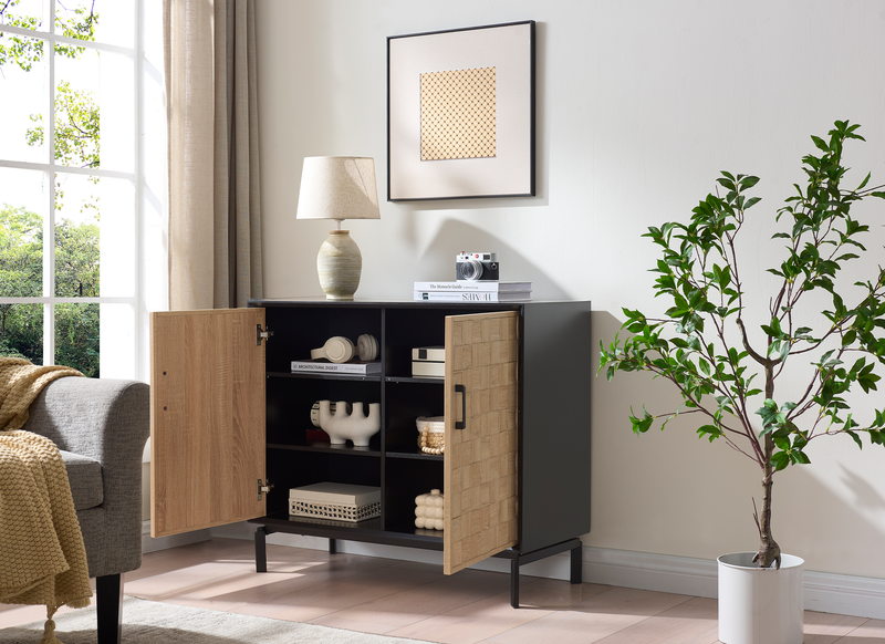 Alenna 36\" 2-door Accent Cabinet with Adjustable Shelves and Black Hardware - Black and Weathered White