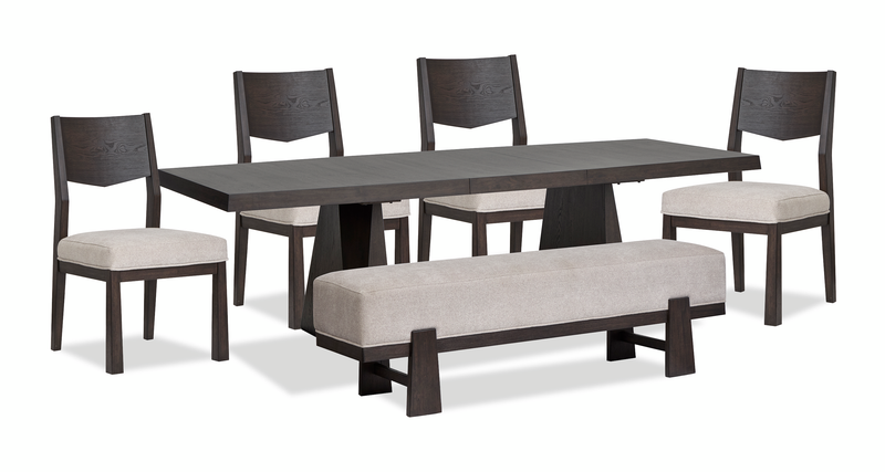 Arden 6pc Extension Dining Set with Table, Bench & 4 Chairs, Trestle Base, 84-108\"W - Espresso Brown