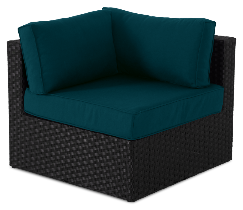 Barbados 6-Piece Outdoor Patio Set with 3 Corner Chairs, 2 Armless Chairs & Ottoman - Hand-Woven Resin Wicker, UV & Weather Resistant - Black/Blue