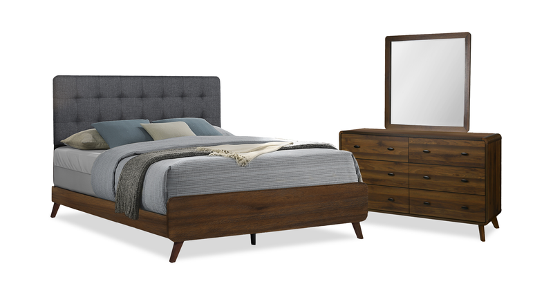 Cami 5pc Bedroom Set with Bed, Dresser & Mirror, Mid-Century Modern, Brown - Queen