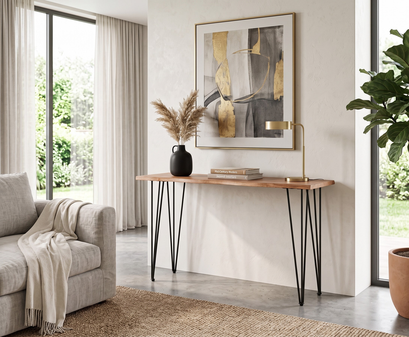 Dillion 45” Industrial Sofa Table with Iron Hairpin Legs – Natural Acacia