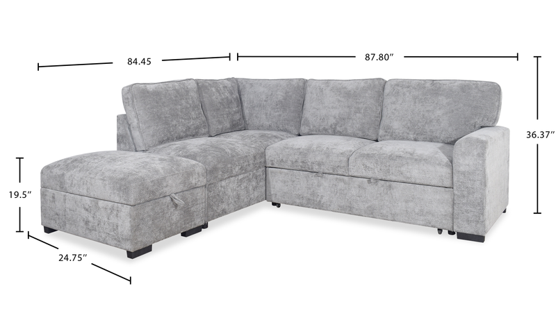 Emerie 3-Piece Left-Facing Chenille Sleeper Sectional with Storage Ottoman – Grey