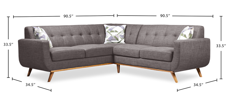 Kort & Co. Freeman 2-Piece Linen-Look Fabric Sectional with Wood Legs – Charcoal Grey