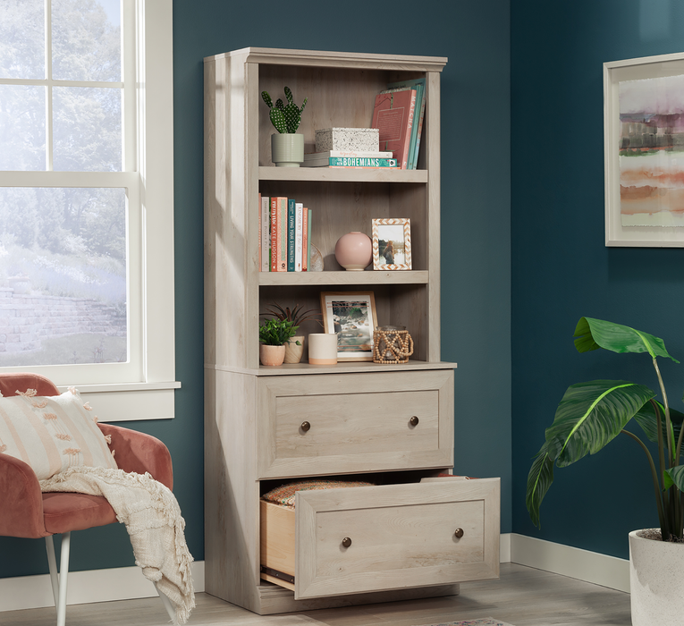 Goodwin 29.06” Modern 2-Shelf Bookcase with Drawers – Chalked Chestnut