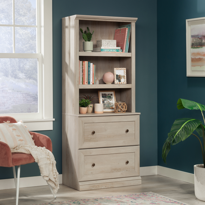 Goodwin 29.06” Modern 2-Shelf Bookcase with Drawers – Chalked Chestnut