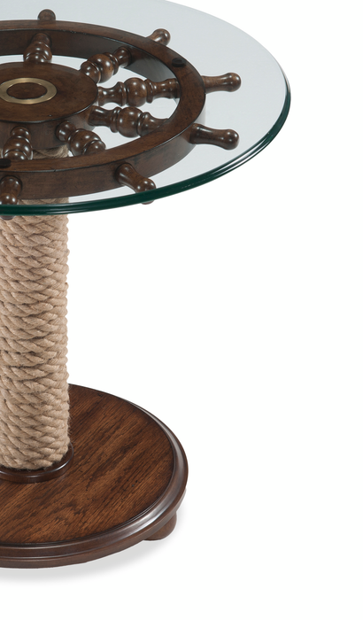Hatfield 26\" Eclectic Accent Table with Glass Top & Wood Base with Wheel Top – Dark Oak