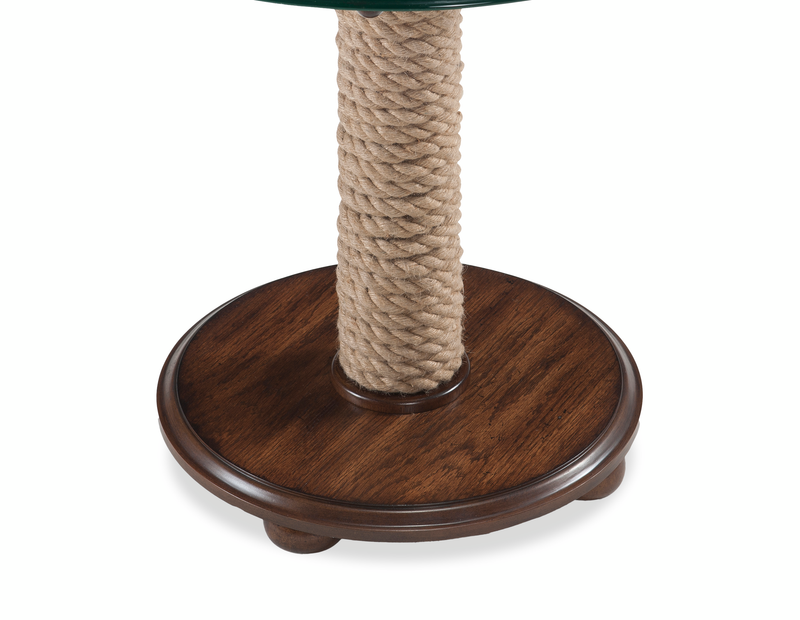 Hatfield 26\" Eclectic Accent Table with Glass Top & Wood Base with Wheel Top – Dark Oak