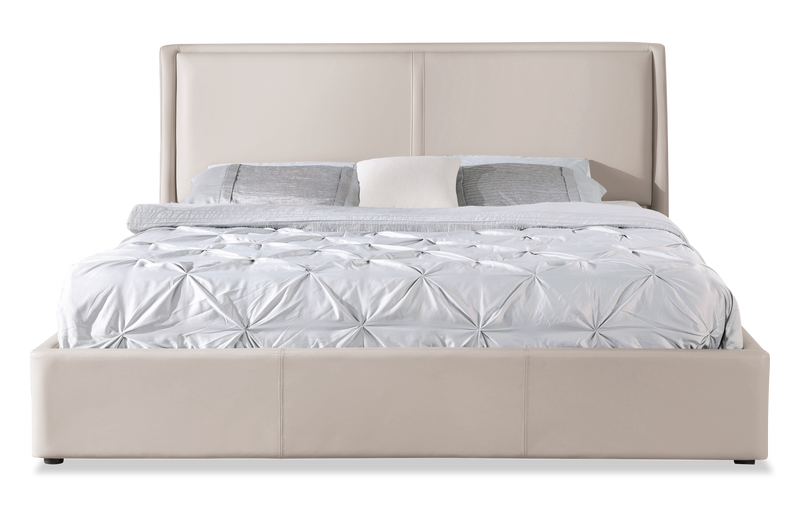 Nico Upholstered Storage Platform Bed in Vegan Leather Taupe Fabric, Hyrdraulic Lift  - Queen Size