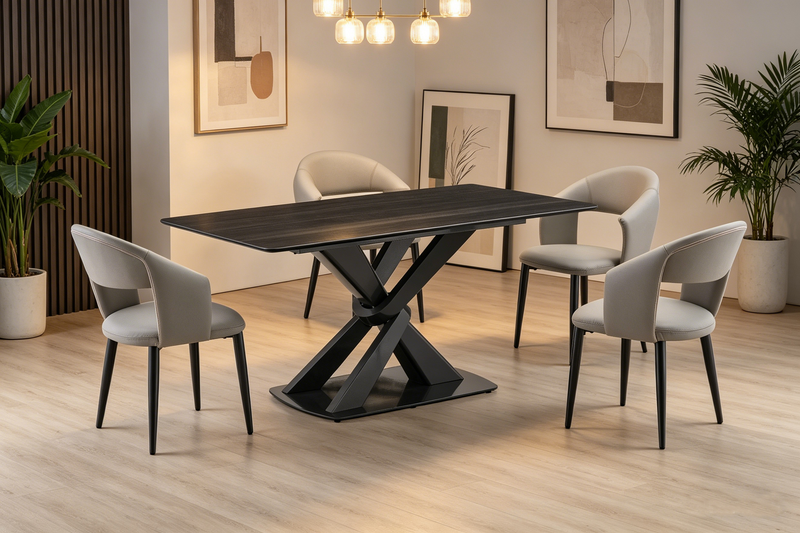 Orion 63” Dining Table with Tech Stone Top, Metal Base – Black