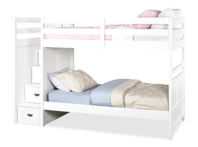 Quinn Bunk Bed with Built-in Staircase Dresser & Guard Rail for Kids, White - Twin/Twin