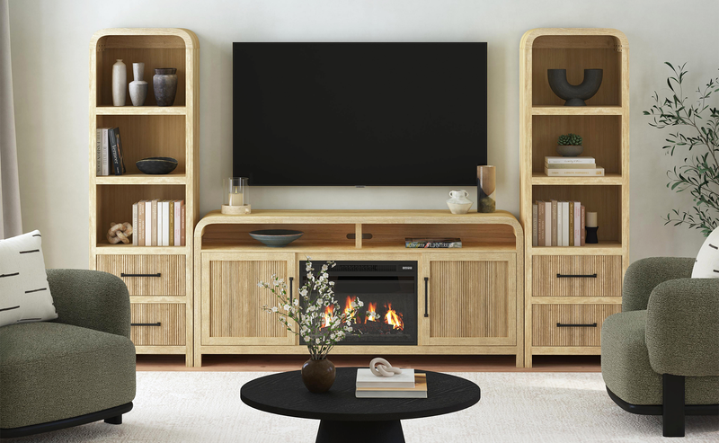 Ridgemont 70” Electric Fireplace TV Stand with Cable Management for TVs up to 80” – Natural Pine