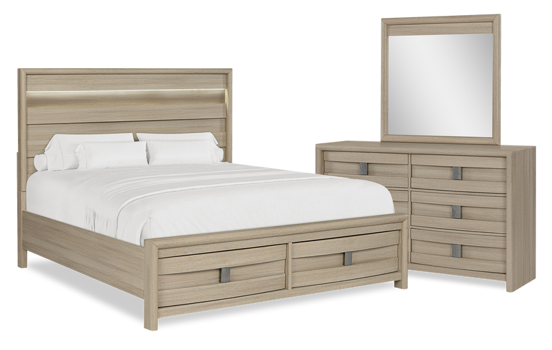 Rocco 5pc Bedroom Set with LED Lit Storage Bed, Dresser & Mirror, Light Brown - King Size