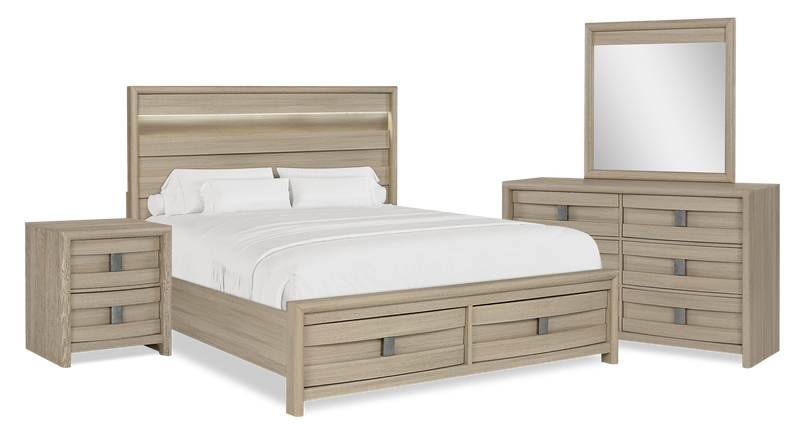 Rocco 6pc Bedroom Set, LED Storage Bed, Dresser, Mirror & Nightstand, Light Brown - King Size