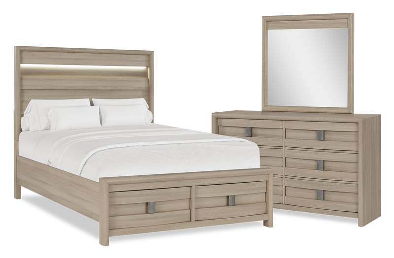 Rocco 5pc Bedroom Set with LED Lit Storage Bed, Dresser & Mirror, Light Brown - Queen Size