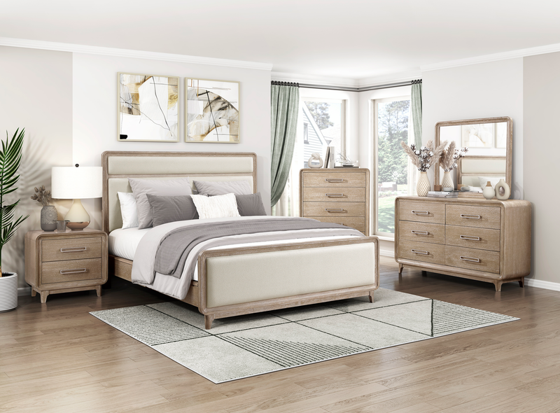 Sasha Panel Bed with Fabric Headboard & Footboard, Natural Oak Brown - King Size