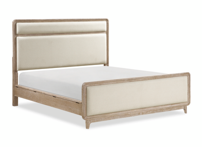 Sasha Panel Bed with Fabric Headboard & Footboard, Natural Oak Brown - Queen Size | Lit à panneaux Sasha avec tête et pied de lit en tissu, brun chêne naturel - format grand lit