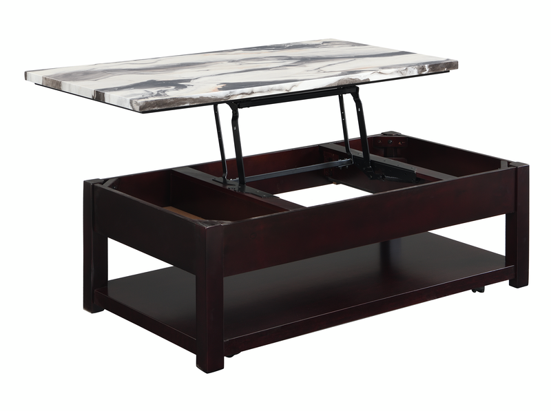 Sicily 48” Traditional Lift-Top Coffee Table with Storage and Casters – Light Espresso with Marble Look Top