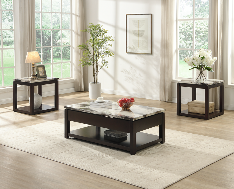  Sicily 22\" Traditional End Table with Shelf - Dark Espresso with Marble Look Top
