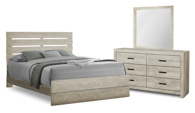 Soren 5pc Bedroom Set with Slat Panel Bed, Dresser & Mirror, Bleached Oak - Queen Size