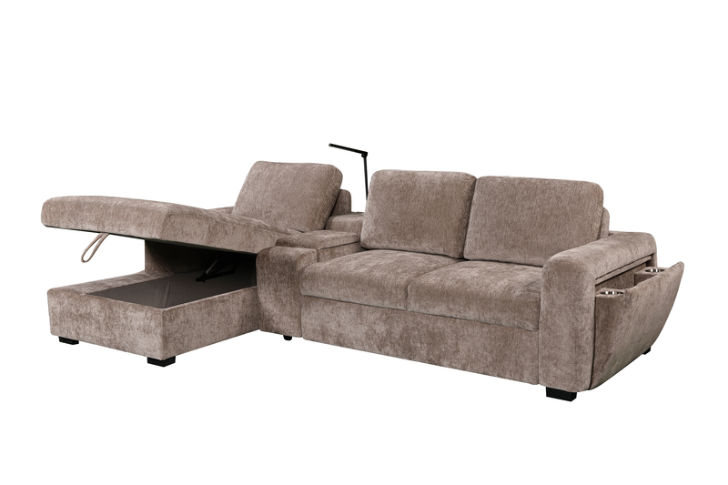 Sunset Linen-Look Fabric Left-Facing Sleeper Sectional with Storage and Built-In LED Lighting – Taupe
