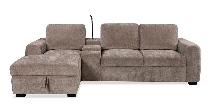 Sunset Linen-Look Fabric Left-Facing Sleeper Sectional with Storage and Built-In LED Lighting – Taupe