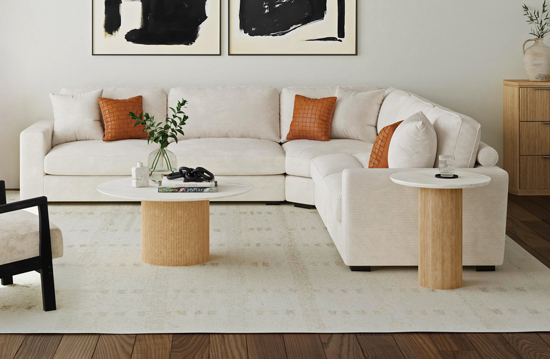 Sylvie 38” Modern Round Coffee Table with Marble Look Top – Natural 
