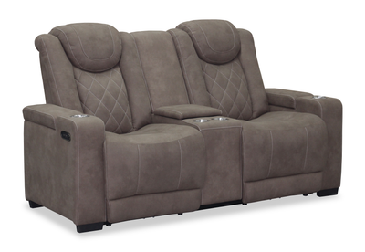 Venture 70.08” Faux Suede Power Reclining Loveseat with Power Headrests, Cupholders, and USB Port - Chocolate | Causeuse à inclinaison électrique Venture de 70,08 po en suédine avec appuie-têtes électriques, porte-gobelets et port USB - chocolat