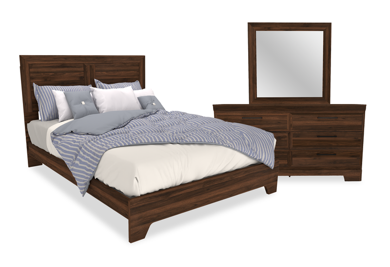 Yorkdale 5pc Bedroom Set with Panel Bed, Dresser & Mirror, Walnut Brown - Queen Size