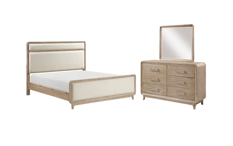 Sasha 5pc Bedroom Set with Fabric Bed, Dresser & Mirror, Natural Oak Brown - King Size