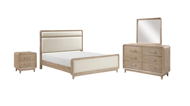 Sasha 6pc Bedroom Set with Fabric Bed, Dresser, Mirror & Nightstand, Natural Oak Brown - King Size