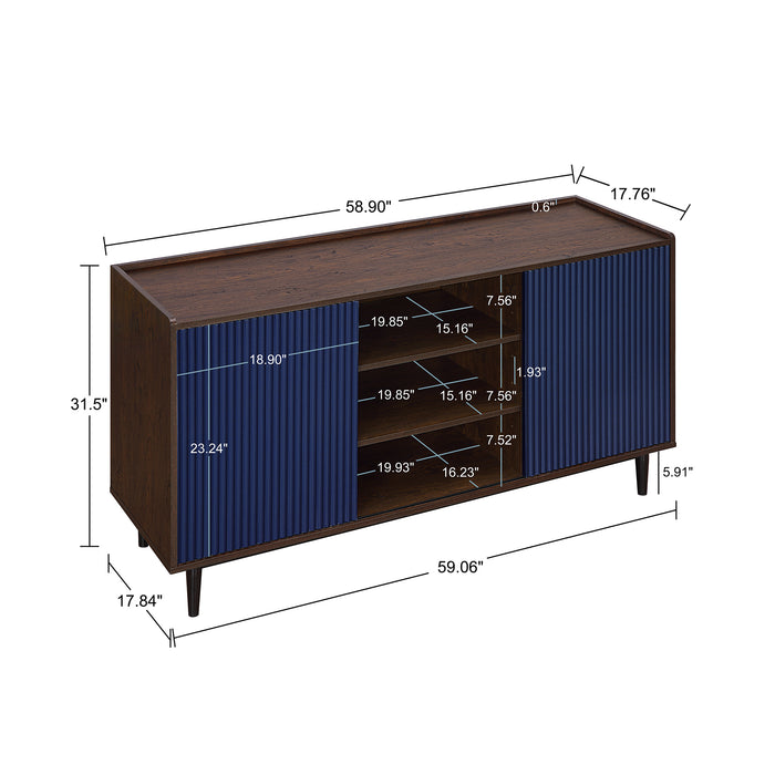 Manhattan Comfort Duane 59.05” Modern Ribbed Sideboard with Adjustable Shelves - Dark Brown & Navy