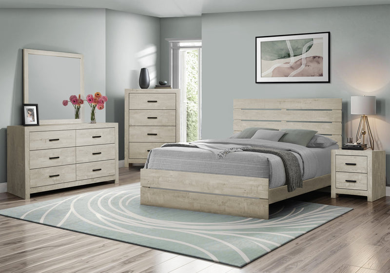 Soren 5pc Bedroom Set with Slat Panel Bed, Dresser & Mirror, Bleached Oak - Queen Size