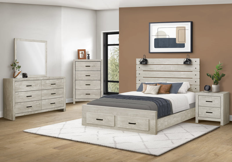 Soren 5pc Bedroom Set with Slat Storage Bed, Dresser & Mirror, LED, Bleached Oak - Queen 